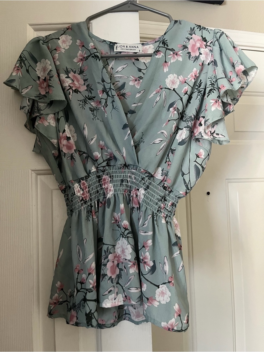 Jon & Anna Sage Green Floral V-Neck Smocked Waist Blouse
